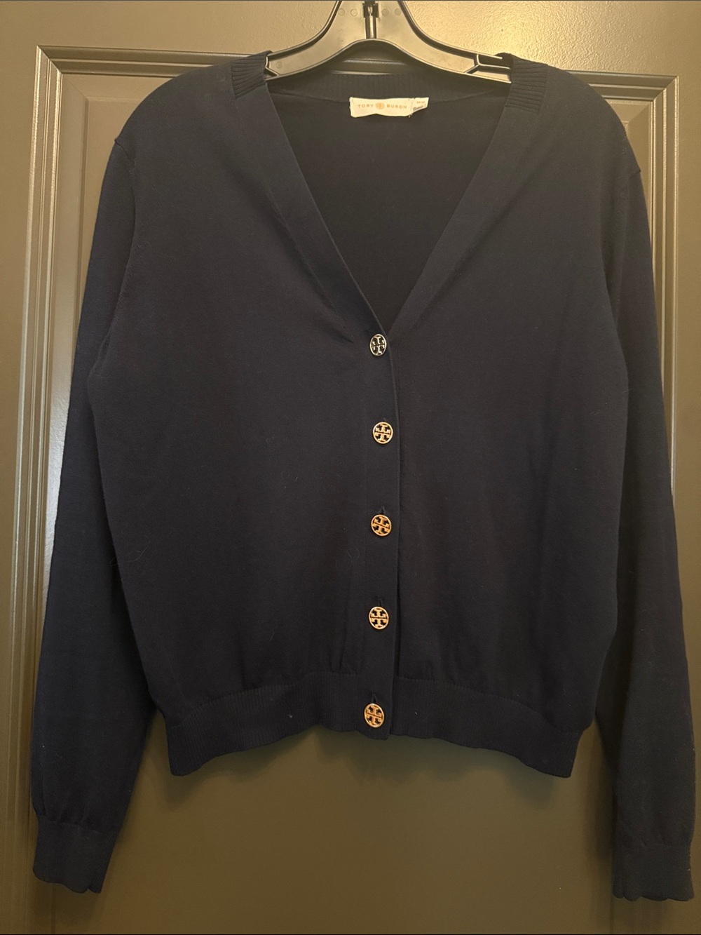 Tory Burch Navy V-Neck Button Cardigan with Logo Buttons Cotton